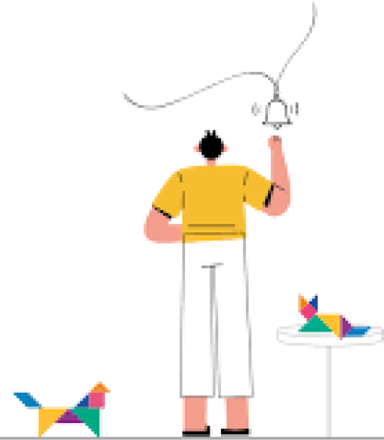 Join Team Crayon – person ringing bell with tangram figures